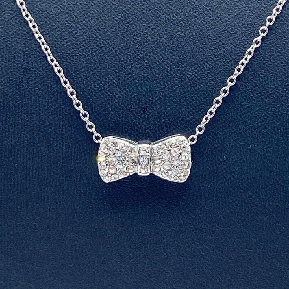New York & Company Silver Tone Pave Rhinestone Bow Pendant Necklace Adorable 18" - Picture 2 of 6